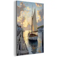 MuchoWow Aluminium schilderij 60x90 cm - Wanddecoratie metaal - Zeilboot - Zon - Pier - Hout - Metalen muurdecoratie woonkamer - Decoratie industrieel - Foto op dibond - Industriële accessoires slaapkamer
