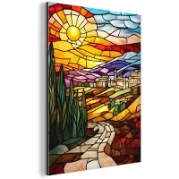 MuchoWow Aluminium schilderij 60x80 cm - Wanddecoratie metaal - Mozaïek - Zon - Landschap - Dorp - Metalen muurdecoratie woonkamer - Decoratie industrieel - Foto op dibond - Industriële accessoires slaapkamer