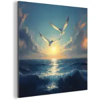 MuchoWow Aluminium schilderij 50x50 cm - Wanddecoratie metaal - Meeuwen - Zee - Wolken -Blauw - Metalen muurdecoratie woonkamer - Decoratie industrieel - Foto op dibond - Industriële accessoires slaapkamer