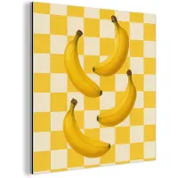 MuchoWow Aluminium schilderij 90x90 cm - Wanddecoratie metaal - Bananen - Geel - Geblokt - Metalen muurdecoratie woonkamer - Decoratie industrieel - Foto op dibond - Industriële accessoires slaapkamer