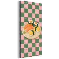 MuchoWow Aluminium schilderij 80x160 cm - Wanddecoratie metaal - Sushi - Bord - Geblokt - Groen - Metalen muurdecoratie woonkamer - Decoratie industrieel - Foto op dibond - Industriële accessoires slaapkamer