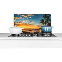 KitchenYeah Spatscherm keuken 70x30 cm - Kookplaat achterwand Strand - Zonsondergang - Zee - Palmboom - Muurbeschermer - Spatwand fornuis - Hoogwaardig aluminium