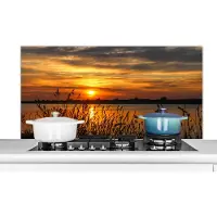 KitchenYeah Spatscherm keuken 120x60 cm - Kookplaat achterwand Zonsondergang - Zee - Horizon - Lucht - Planten - Muurbeschermer - Spatwand fornuis - Hoogwaardig aluminium
