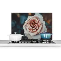 KitchenYeah Spatscherm keuken 80x55 cm - Kookplaat achterwand Bloem - Wit - Roze - Muurbeschermer - Spatwand fornuis - Hoogwaardig aluminium