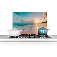 KitchenYeah Spatscherm keuken 70x50 cm - Kookplaat achterwand Zonsondergang - Strand - Zee - Zomer - Blauw - Muurbeschermer - Spatwand fornuis - Hoogwaardig aluminium