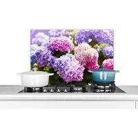 KitchenYeah Spatscherm - Hortensia - Bloemen - Planten - Bladeren - Natuur - Spatwand - 60x40 cm - Spatscherm bloemen - Achterwand keuken - Spatscherm natuur - Keuken decoratie - Muurbeschermer