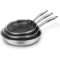 QDESIGN Set van 3 RVS triply pannen met non-stick honeycomb coating 20 + 24 + 28 cm - Zilver / Zwart