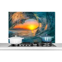 KitchenYeah Spatscherm keuken 100x65 cm - Kookplaat achterwand Zonsondergang - Water - Golf - Oranje - Muurbeschermer - Spatwand fornuis - Hoogwaardig aluminium