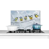 KitchenYeah Spatscherm keuken 70x50 cm - Kookplaat achterwand Vogel - Koolmees - Winter - Sneeuw - Takken - Muurbeschermer - Spatwand fornuis - Hoogwaardig aluminium