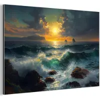 MuchoWow Aluminium schilderij 180x120 cm - Wanddecoratie metaal - Zee - Zon - Golven - Rotsen - Metalen muurdecoratie woonkamer - Decoratie industrieel - Foto op dibond - Industriële accessoires slaapkamer