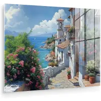 MuchoWow Glasschilderij 160x120 cm - Schilderij acrylglas - Huizen - Zee - Bomen - Bloemen - Foto op glas - Muurdecoratie woonkamer - Wanddecoratie slaapkamer - Schilderijen