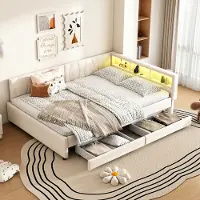 Merax Slaapbank - 140x200 cm - USB Type-C - LED-verlichting - bed met twee lades - Zonder matras - linnengoed - beige