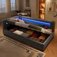 Merax Gestoffeerd bed met opbergruimte - 90x200 cm - met LED-verlichting - Eenpersoonsbed - zonder matras - USB TYPE-C - grijs