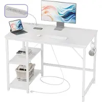 BOG Bureaus - Computer Bureau Met Voedingsocket - USB & Type-C - Esports Tafel Met Haken - Home Office Bureau - Studietafel Met Houten Planken - Voor Studie - Kantoor - Slaapkamer - 100cm - Wit