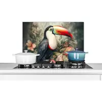 KitchenYeah Spatscherm keuken 60x40 cm - Kookplaat achterwand Toekan - Vogels - Bloemen - Planten - Tropisch - Muurbeschermer - Spatwand fornuis - Hoogwaardig aluminium