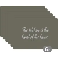KitchenYeah Placemat - Placemats kunststof - Spreuken - The kitchen is the heart of the home - Quotes - 45x30 cm - 6 stuks - Hittebestendig - Anti-Slip - Onderlegger - Afneembaar