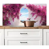 KitchenYeah Spatscherm keuken 120x60 cm - Kookplaat achterwand Zee - Roze - Bloemen - Poort - Muurbeschermer - Spatwand fornuis - Hoogwaardig aluminium