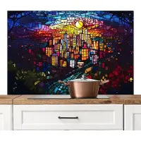 KitchenYeah Spatscherm keuken 120x80 cm - Kookplaat achterwand Stad - Maan - Mozaïek - Kleurrijk - Muurbeschermer - Spatwand fornuis - Hoogwaardig aluminium