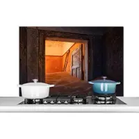 KitchenYeah Spatscherm keuken 100x65 cm - Kookplaat achterwand Deur - Zand - Huis - Architectuur - Muurbeschermer - Spatwand fornuis - Hoogwaardig aluminium