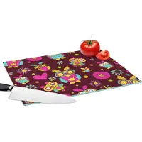 KitchenYeah Glazen Snijplank - 39x28 - Meisjes - Uil - Chocolade - Patronen - Girl - Kind - Kinderen - Snijplanken Glas