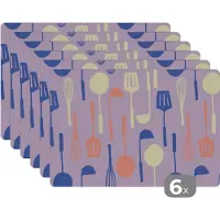 KitchenYeah Placemat - Placemats kunststof - Patronen - Keukengerei - Spatel - Garde - 45x30 cm - 6 stuks - Hittebestendig - Anti-Slip - Onderlegger - Afneembaar