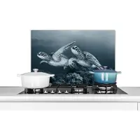 KitchenYeah Spatscherm keuken 70x50 cm - Kookplaat achterwand Schildpad - Zeedieren - Zwart wit - Wilde dieren - Muurbeschermer - Spatwand fornuis - Hoogwaardig aluminium