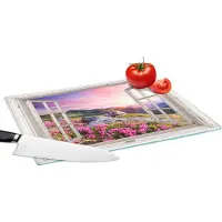KitchenYeah Glazen Snijplank - 39x28 - Bergen - Landschap - Doorkijk - Bloemen - Avond - Roze - Snijplanken Glas