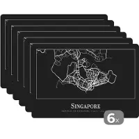 KitchenYeah Placemat - Placemats kunststof - Singapore - Kaart - Plattegrond - Stadskaart - 45x30 cm - 6 stuks - Hittebestendig - Anti-Slip - Onderlegger - Afneembaar