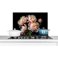 KitchenYeah Spatscherm keuken 70x50 cm - Kookplaat achterwand Pioenrozen - Bloemen - Natuur - Roze - Wit - Muurbeschermer - Spatwand fornuis - Hoogwaardig aluminium