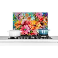 KitchenYeah Spatscherm keuken 70x50 cm - Kookplaat achterwand Bloemen - Kleurrijk - Kunst - Olieverf - Muurbeschermer - Spatwand fornuis - Hoogwaardig aluminium