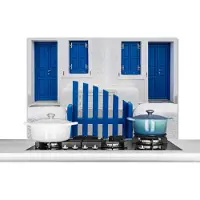 KitchenYeah Spatscherm keuken 100x65 cm - Kookplaat achterwand Huis - Architectuur - Blauw - Wit - Muurbeschermer - Spatwand fornuis - Hoogwaardig aluminium