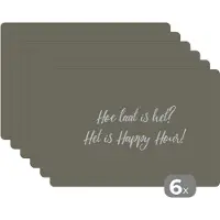 KitchenYeah Placemat - Placemats kunststof - Spreuken - Hoe laat is het? Het is happy hour! - Quotes - 45x30 cm - 6 stuks - Hittebestendig - Anti-Slip - Onderlegger - Afneembaar