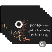 KitchenYeah Placemat - Placemats kunststof - Keuken - Dat de koffie maar sterk mag zijn - Koffie - Espresso - 45x30 cm - 6 stuks - Hittebestendig - Anti-Slip - Onderlegger - Afneembaar
