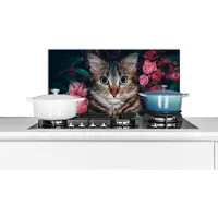 KitchenYeah Spatscherm keuken 60x30 cm - Kookplaat achterwand Kat - Bloemen - Bladeren - Botanisch - Muurbeschermer - Spatwand fornuis - Hoogwaardig aluminium