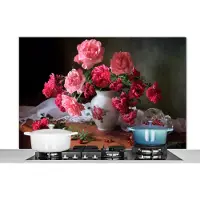 KitchenYeah Spatscherm keuken 120x80 cm - Kookplaat achterwand Rozen - Stilleven - Roze - Muurbeschermer - Spatwand fornuis - Hoogwaardig aluminium