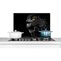 KitchenYeah Spatscherm keuken 70x50 cm - Kookplaat achterwand Uil - Vogel - Zwart - Portret - Muurbeschermer - Spatwand fornuis - Hoogwaardig aluminium