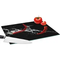 KitchenYeah Glazen Snijplank - 39x28 - Chilipeper - Stilleven - Water - Zwart - Rood - Snijplanken Glas