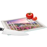 KitchenYeah Glazen Snijplank - 28x20 - Bergen - Landschap - Doorkijk - Bloemen - Avond - Roze - Snijplanken Glas