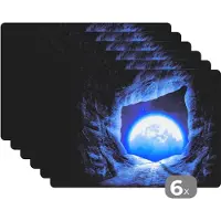 KitchenYeah Placemat - Placemats kunststof - Grot - Maan - Ruimte - Heelal - Blauw - 45x30 cm - 6 stuks - Hittebestendig - Anti-Slip - Onderlegger - Afneembaar