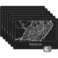 KitchenYeah Placemat - Placemats kunststof - Stadskaart - Barcelona - Plattegrond - Kaart - 45x30 cm - 6 stuks - Hittebestendig - Anti-Slip - Onderlegger - Afneembaar