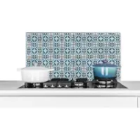 KitchenYeah Spatscherm keuken 90x45 cm - Kookplaat achterwand Blauw - Patronen - Tegels - Muurbeschermer - Spatwand fornuis - Hoogwaardig aluminium