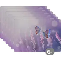 KitchenYeah Placemat - Placemats kunststof - Vlinder - Lavendel - Bloemen - Paars - 45x30 cm - 6 stuks - Hittebestendig - Anti-Slip - Onderlegger - Afneembaar