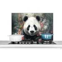 KitchenYeah Spatscherm keuken 80x55 cm - Kookplaat achterwand Panda - Wilde dieren - Bloemen - Natuur - Muurbeschermer - Spatwand fornuis - Hoogwaardig aluminium