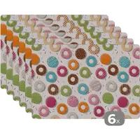 KitchenYeah Placemat - Placemats kunststof - Patronen - Donut - Pastel - 45x30 cm - 6 stuks - Hittebestendig - Anti-Slip - Onderlegger - Afneembaar