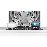 KitchenYeah Spatscherm keuken 80x40 cm - Kookplaat achterwand Dieren - Tijger - Ogen - Blauw - Zwart wit - Muurbeschermer - Spatwand fornuis - Hoogwaardig aluminium