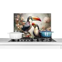 KitchenYeah Spatscherm keuken 70x50 cm - Kookplaat achterwand Toekan - Vogels - Bloemen - Jungle - Muurbeschermer - Spatwand fornuis - Hoogwaardig aluminium