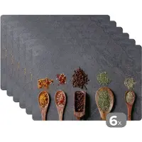 KitchenYeah Placemat - Placemats kunststof - Pollepel - Kruiden - Specerijen - Industrieel - 45x30 cm - 6 stuks - Hittebestendig - Anti-Slip - Onderlegger - Afneembaar