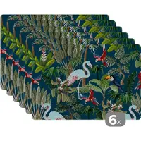 KitchenYeah Placemat - Placemats kunststof - Jungledieren - Patroon - Kinderen - Flamingo - Papegaai - Kids - 45x30 cm - 6 stuks - Hittebestendig - Anti-Slip - Onderlegger - Afneembaar