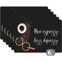 KitchenYeah Placemat - Placemats kunststof - Koffie - More espresso Less depresso - Quotes - Spreuken - 45x30 cm - 6 stuks - Hittebestendig - Anti-Slip - Onderlegger - Afneembaar