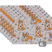 KitchenYeah Placemat - Placemats kunststof - Hond - Corgi - Patronen - 45x30 cm - 6 stuks - Hittebestendig - Anti-Slip - Onderlegger - Afneembaar
